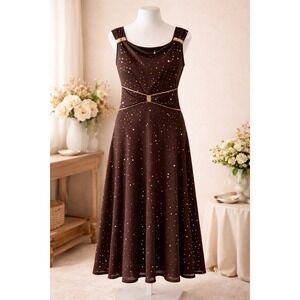 NWOT EN‎ Focus Brown Midi Dress Size 6 Gold Polka Dot Sleeveless Evening